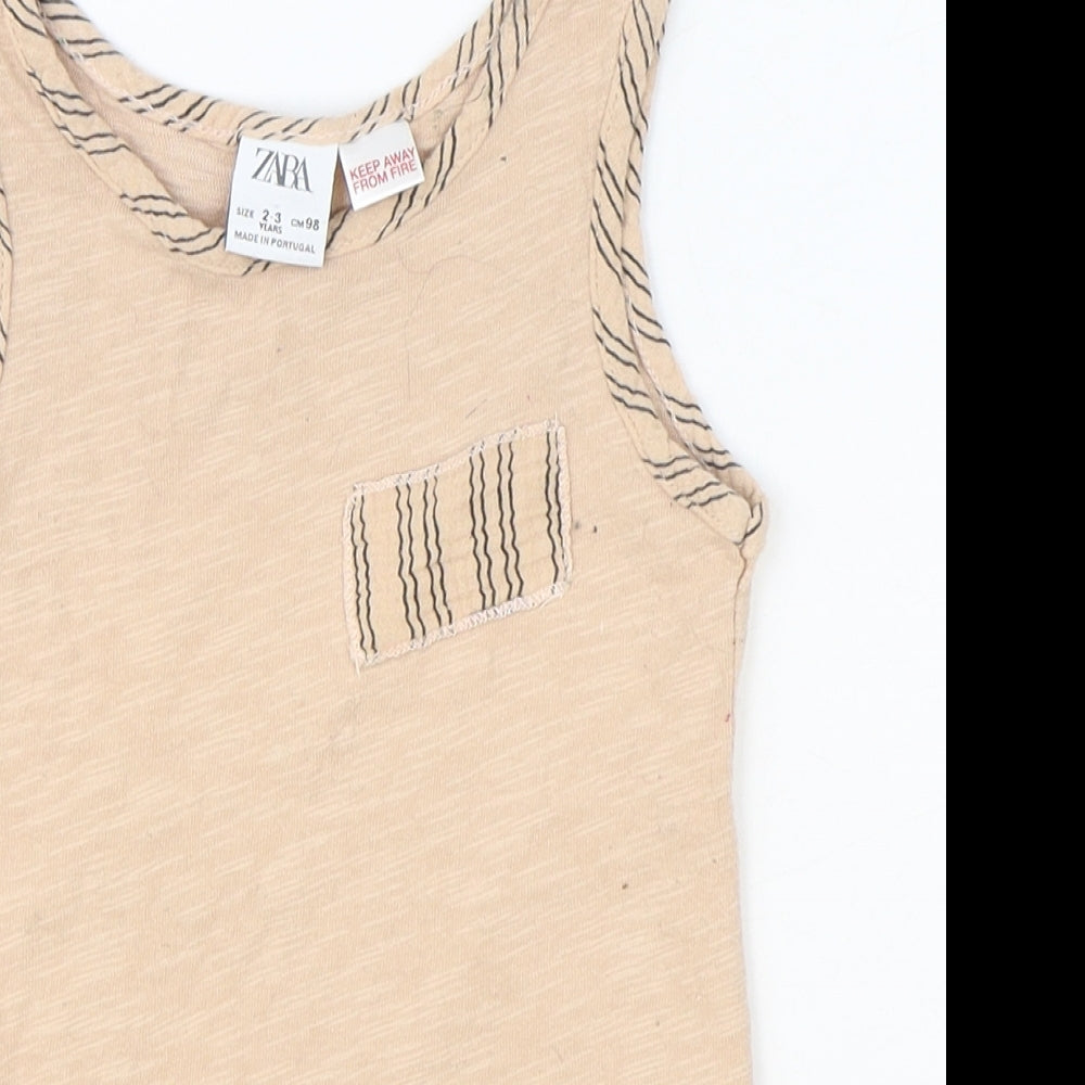 Zara Girls Pink Striped Polyester Basic Tank Size 2-3 Years Round Neck Pullover