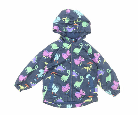 TU Boys Blue Geometric Rain Coat Jacket Size 2-3 Years Zip - Dinosaur