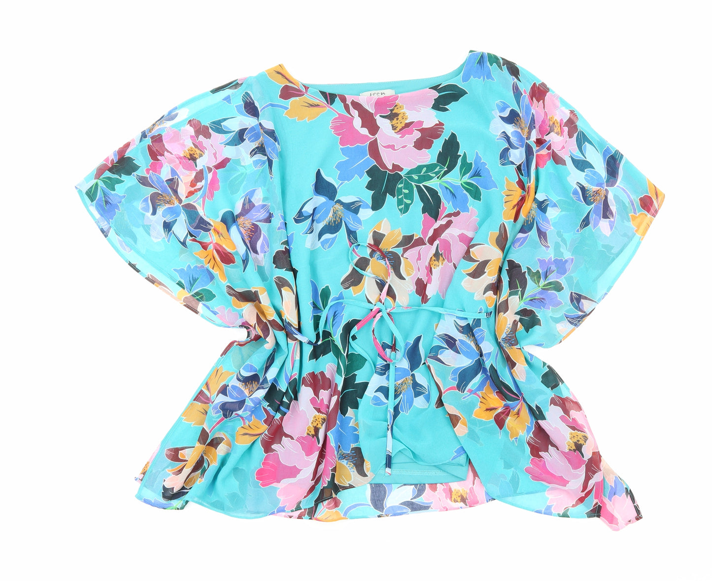 Soon Womens Blue Floral Polyester Basic Blouse Size 10 Boat Neck