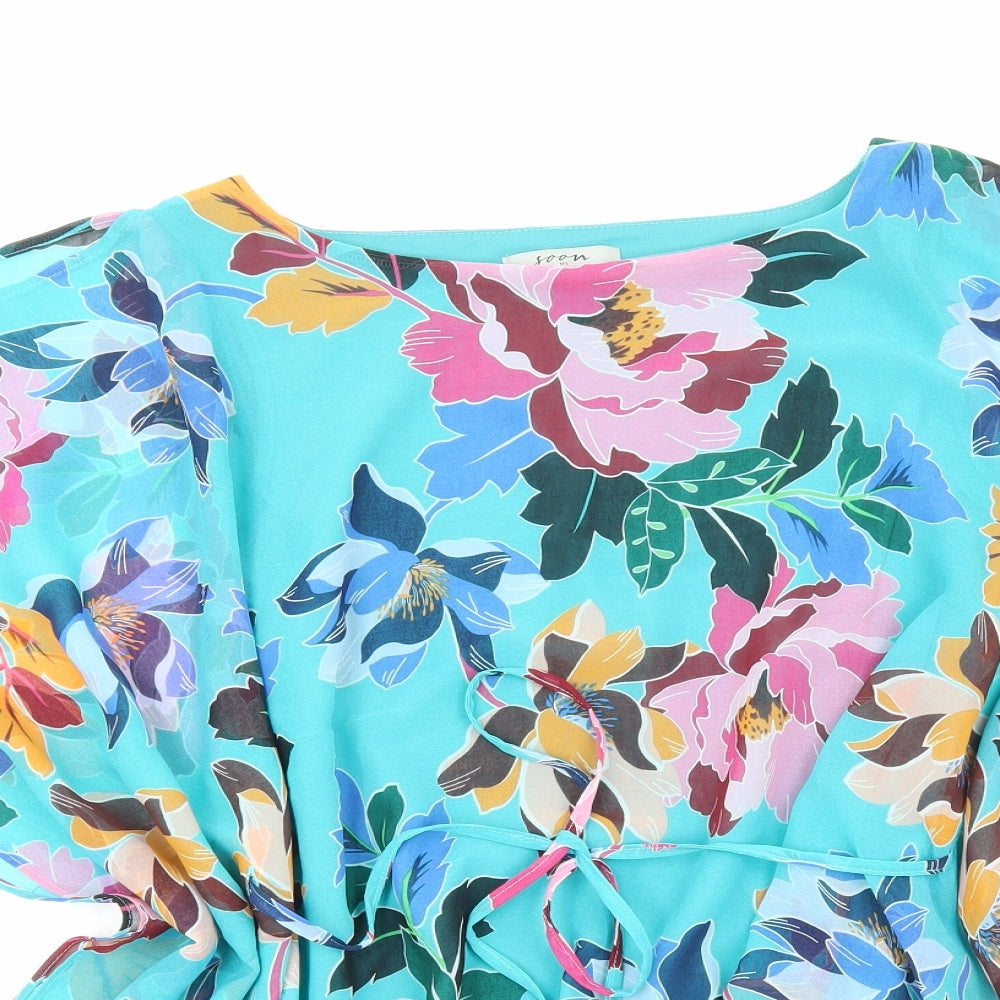 Soon Womens Blue Floral Polyester Basic Blouse Size 10 Boat Neck