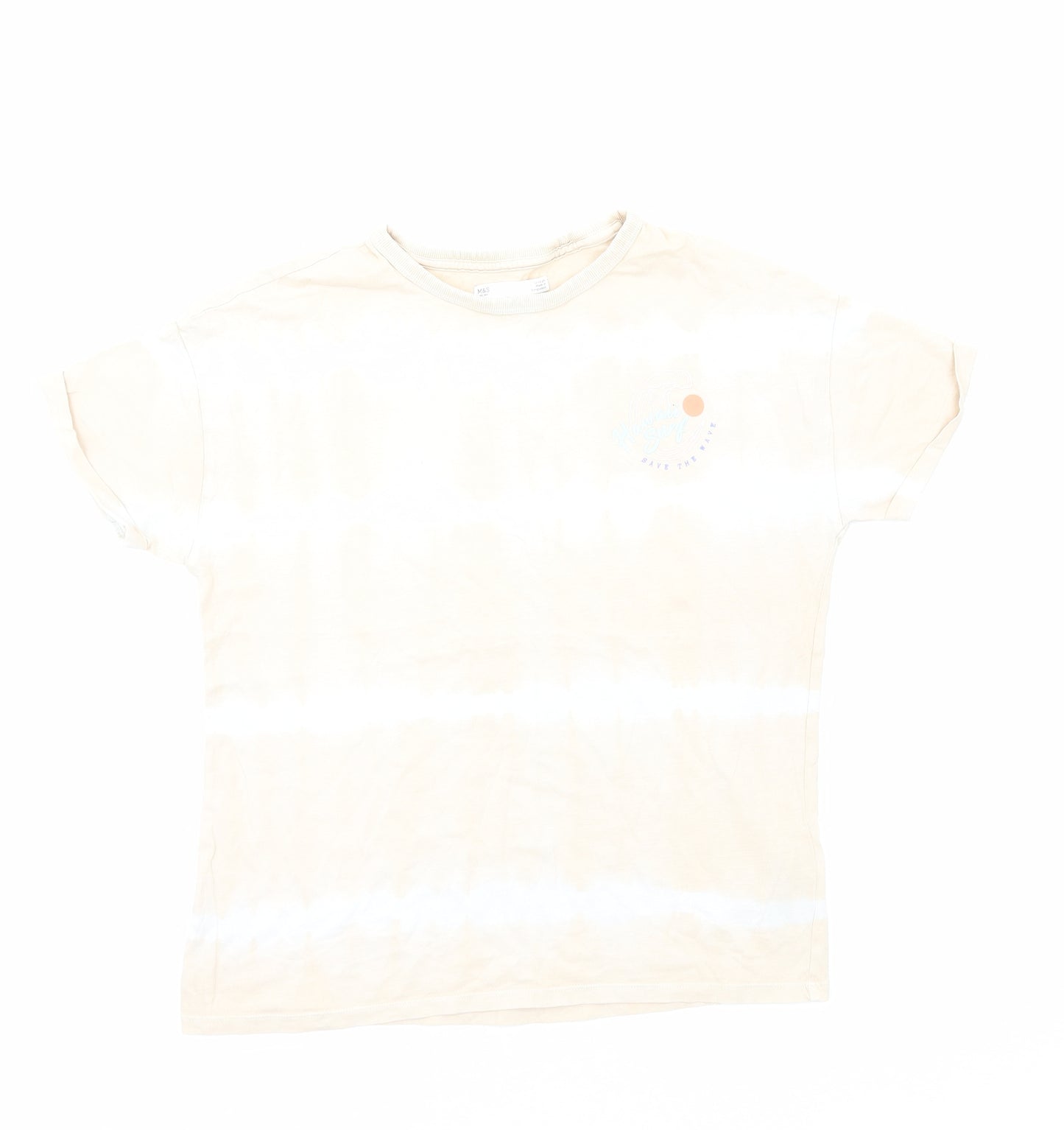 Marks and Spencer Girls Beige Geometric Cotton Basic T-Shirt Size 12-13 Years Round Neck Pullover