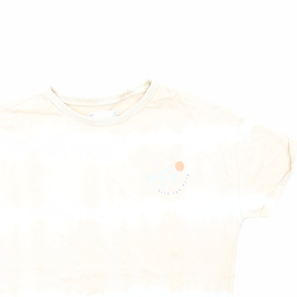Marks and Spencer Girls Beige Geometric Cotton Basic T-Shirt Size 12-13 Years Round Neck Pullover