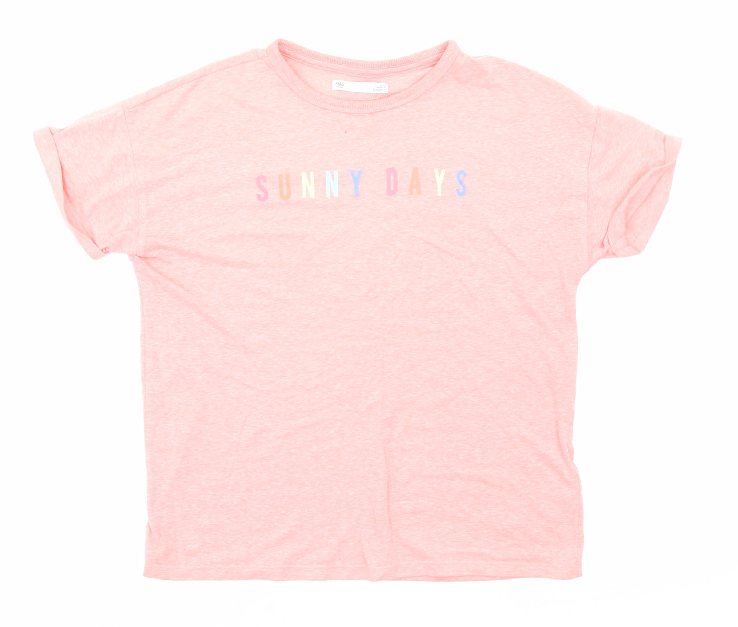 Marks and Spencer Girls Pink Cotton Basic T-Shirt Size 12-13 Years Round Neck Pullover