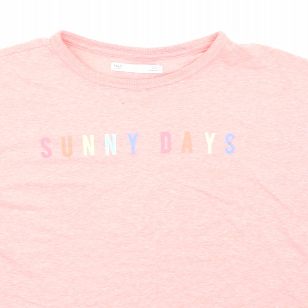 Marks and Spencer Girls Pink Cotton Basic T-Shirt Size 12-13 Years Round Neck Pullover