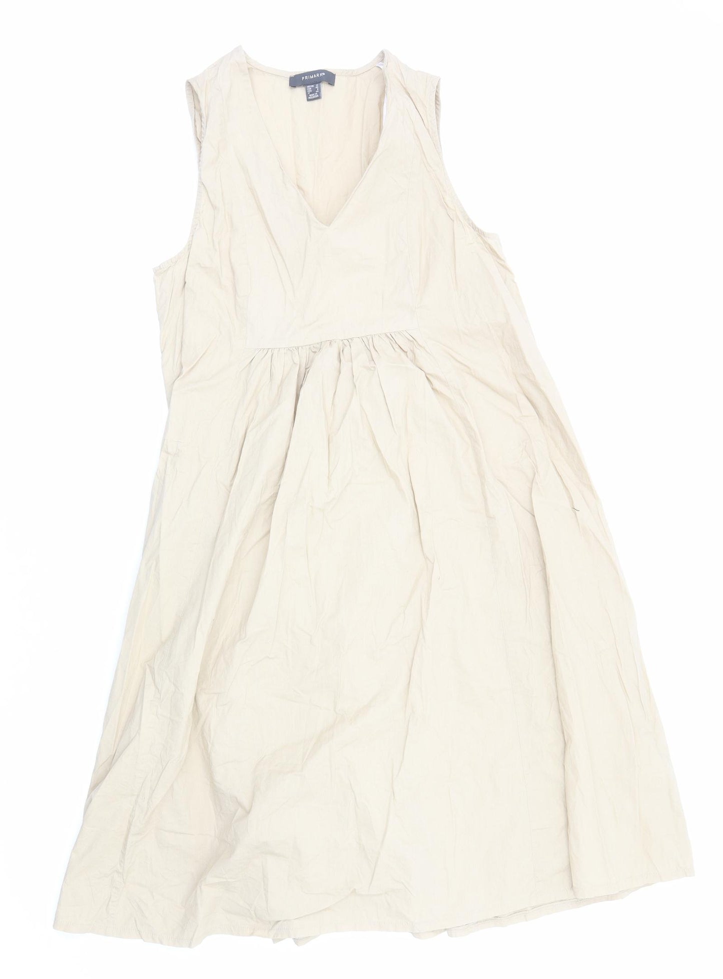 Primark Womens Beige Cotton Skater Dress Size 12 V-Neck Pullover