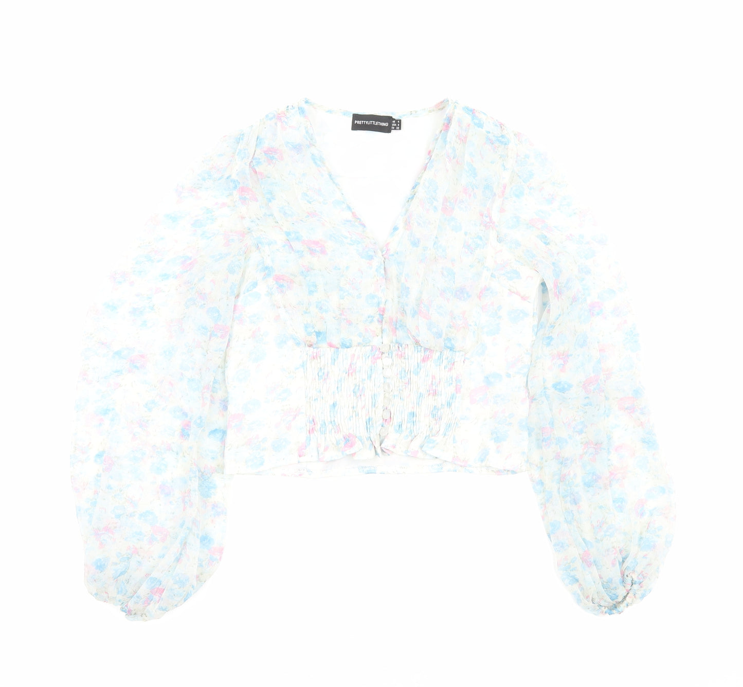 PRETTYLITTLETHING Womens Blue Floral Polyester Jersey Blouse Size 4 V-Neck