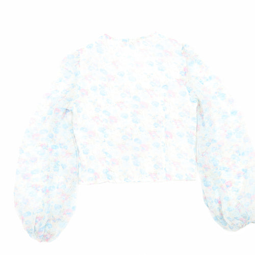 PRETTYLITTLETHING Womens Blue Floral Polyester Jersey Blouse Size 4 V-Neck