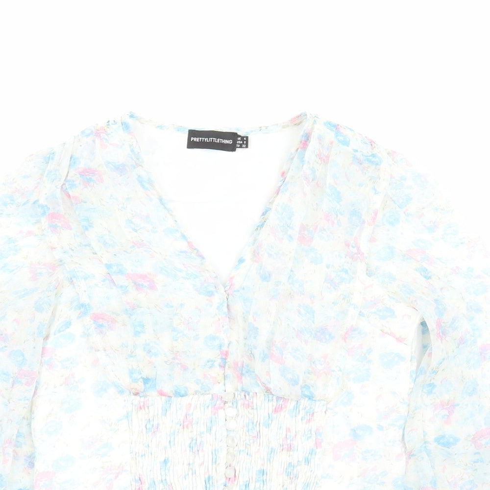 PRETTYLITTLETHING Womens Blue Floral Polyester Jersey Blouse Size 4 V-Neck