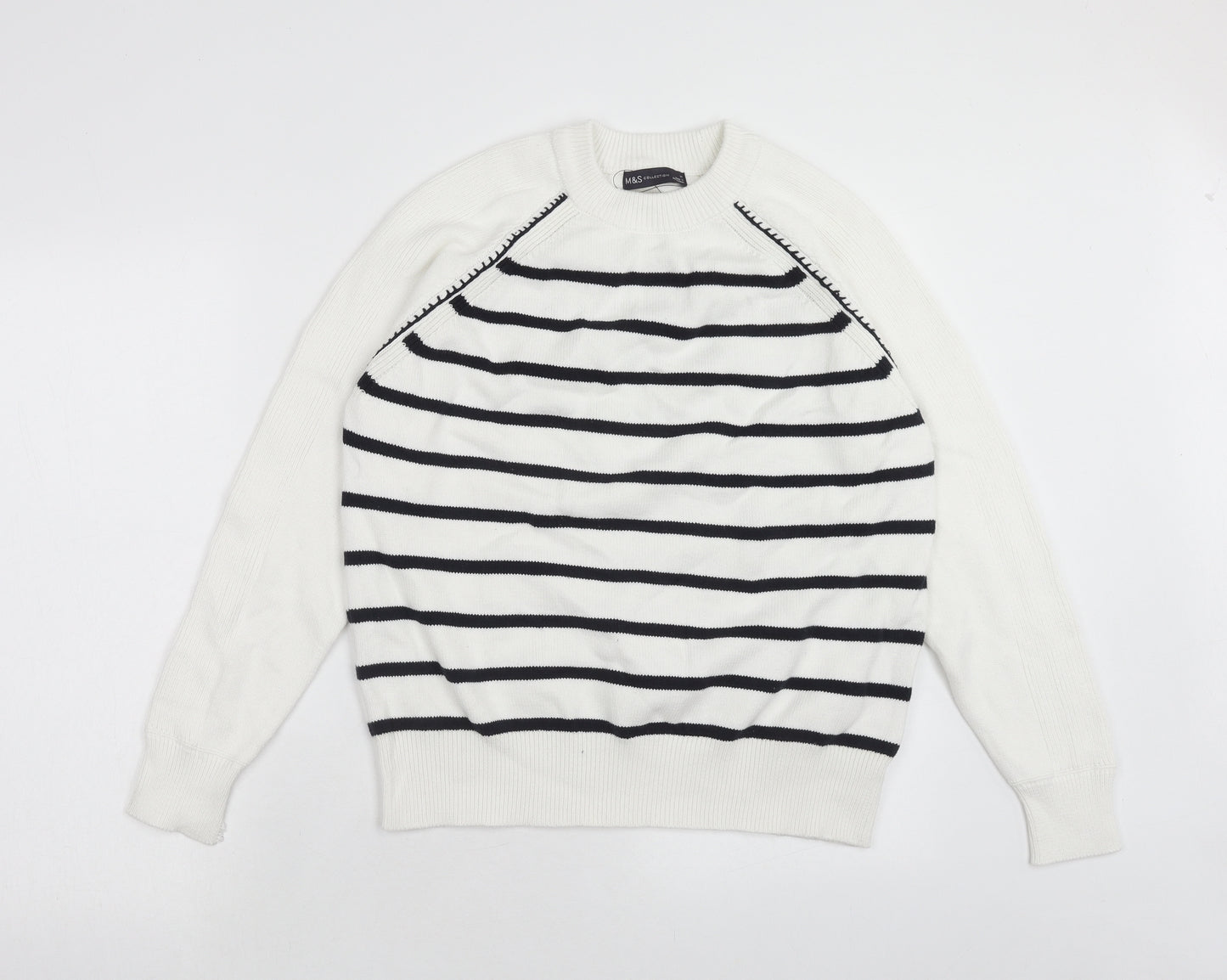 Marks and Spencer Womens White Round Neck Striped Cotton Pullover Jumper Size M