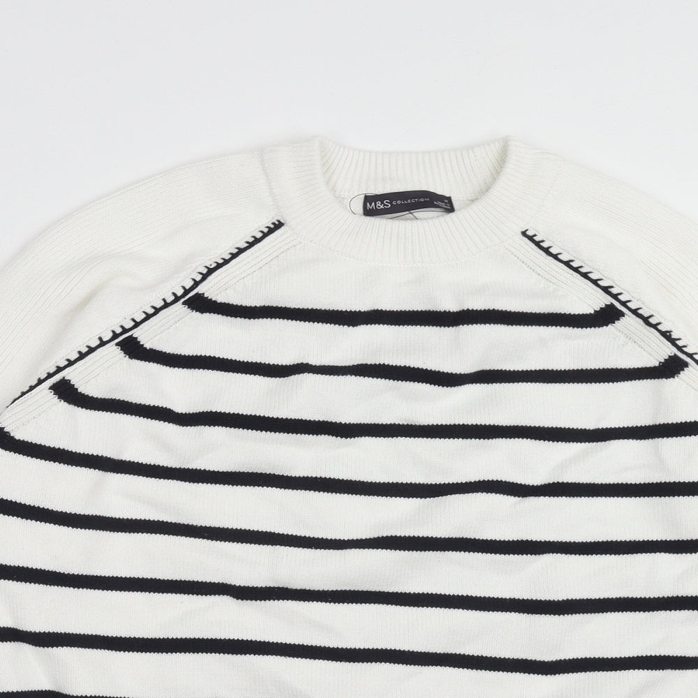 Marks and Spencer Womens White Round Neck Striped Cotton Pullover Jumper Size M