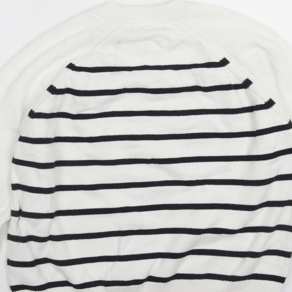 Marks and Spencer Womens White Round Neck Striped Cotton Pullover Jumper Size M
