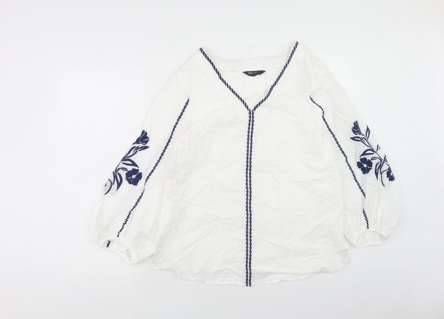 Marks and Spencer Womens White Cotton Basic Blouse Size 8 V-Neck - Floral Detail