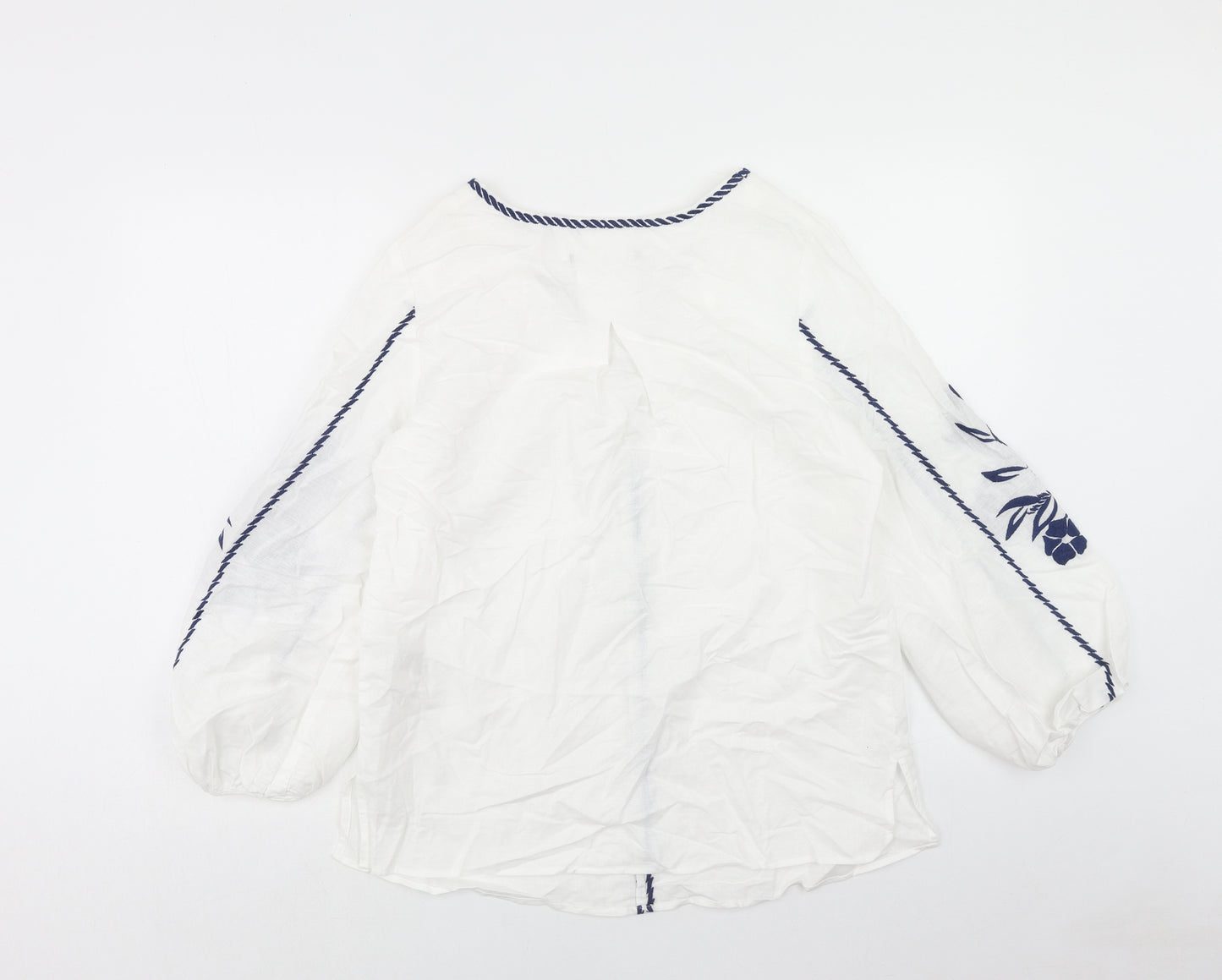 Marks and Spencer Womens White Cotton Basic Blouse Size 8 V-Neck - Floral Detail