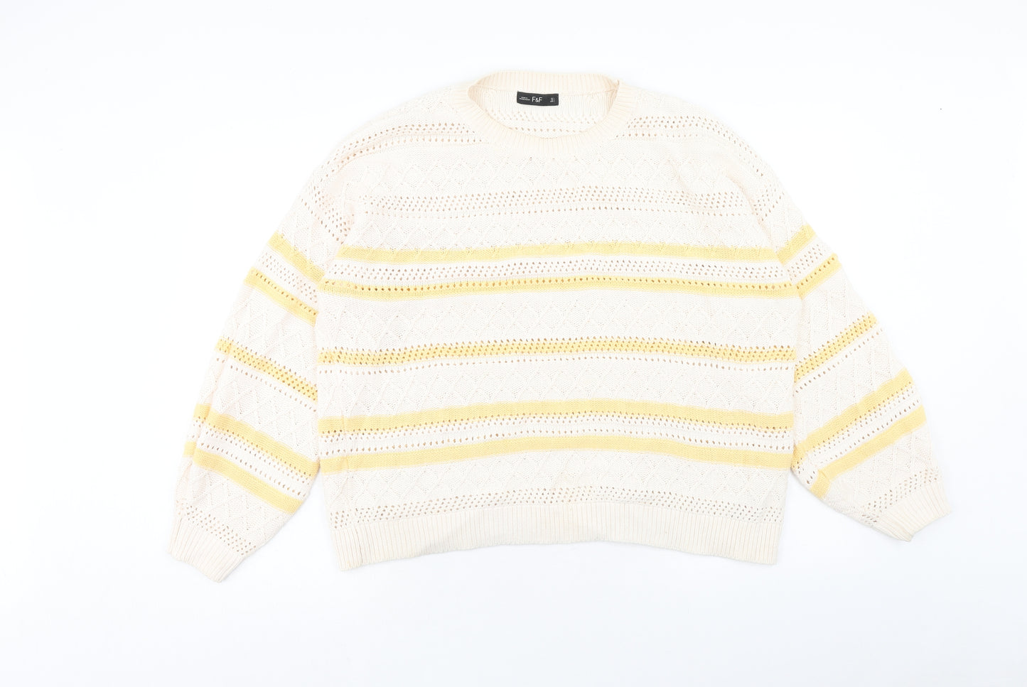 F&F Womens Ivory Round Neck Striped Cotton Pullover Jumper Size L