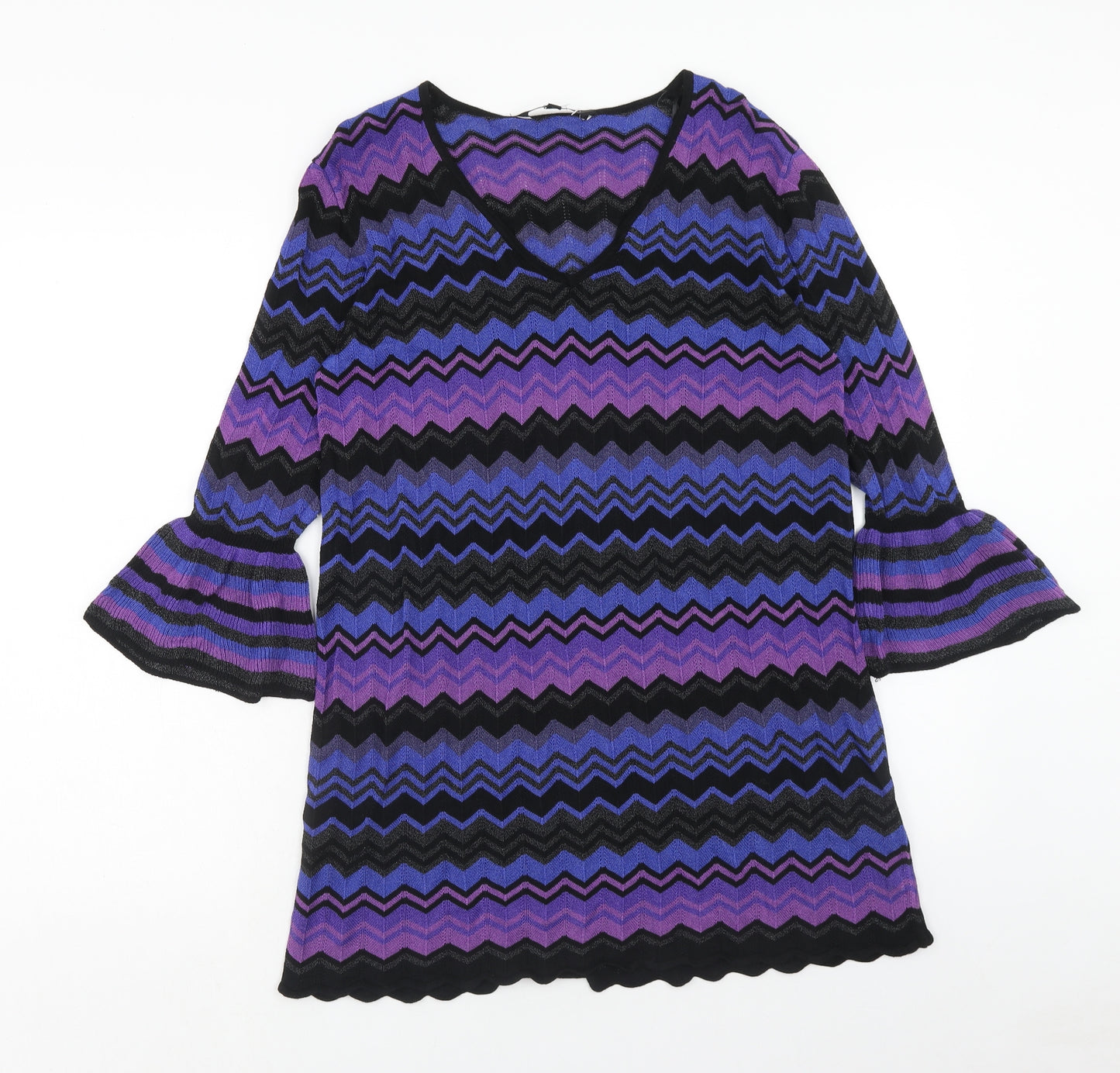 Debenhams Womens Purple V-Neck Geometric Viscose Pullover Jumper Size 14