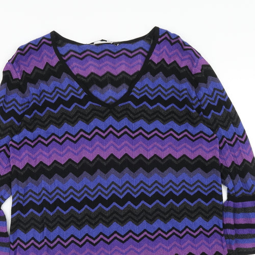 Debenhams Womens Purple V-Neck Geometric Viscose Pullover Jumper Size 14