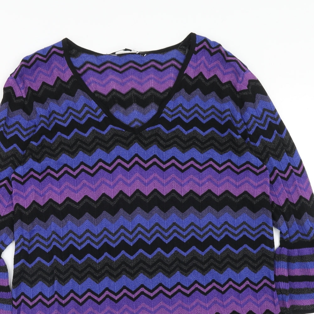 Debenhams Womens Purple V-Neck Geometric Viscose Pullover Jumper Size 14