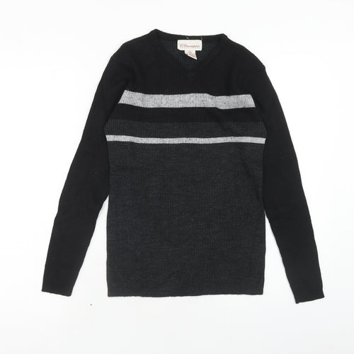 Classique Womens Black V-Neck Striped Acrylic Pullover Jumper Size M
