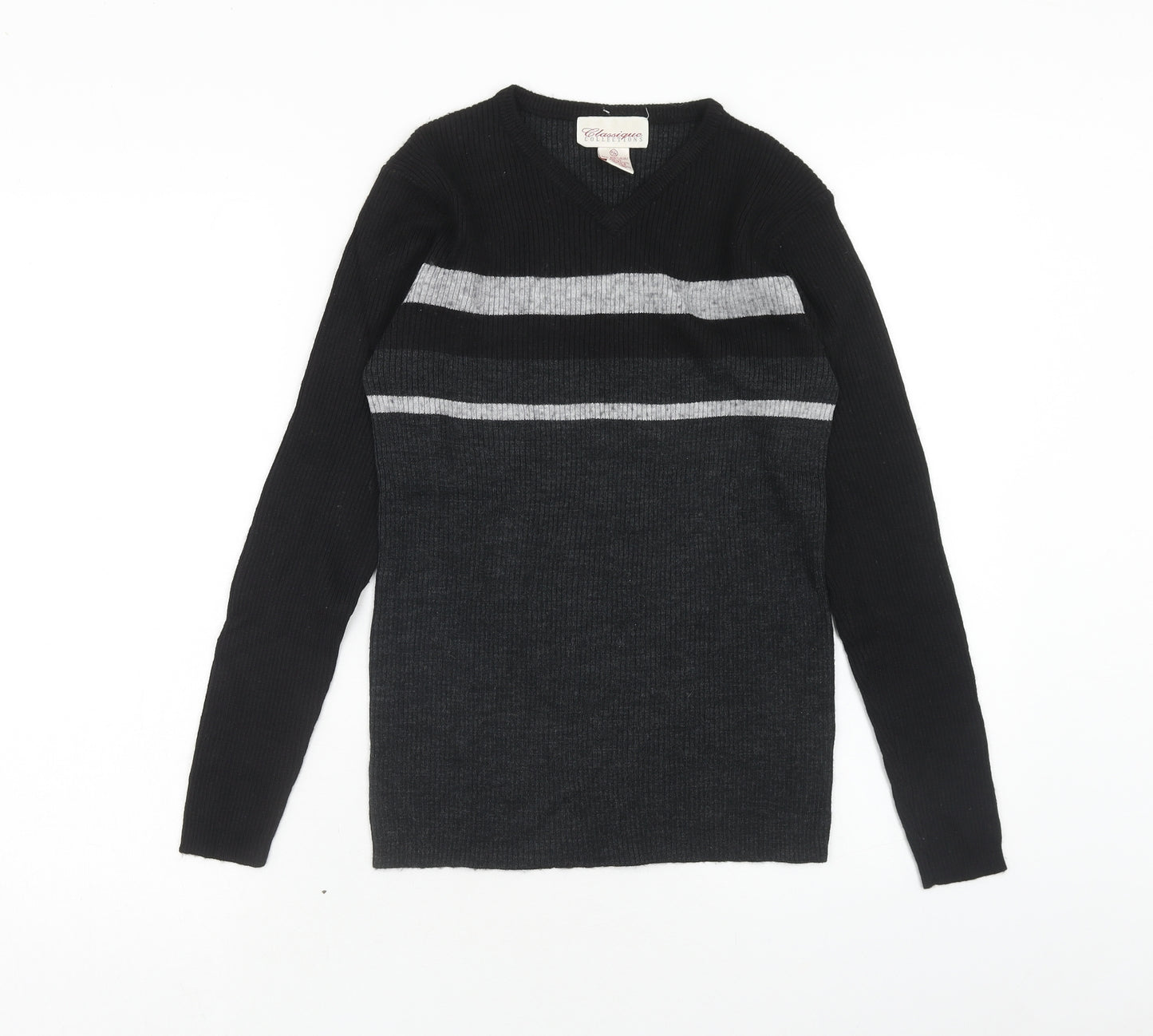 Classique Womens Black V-Neck Striped Acrylic Pullover Jumper Size M