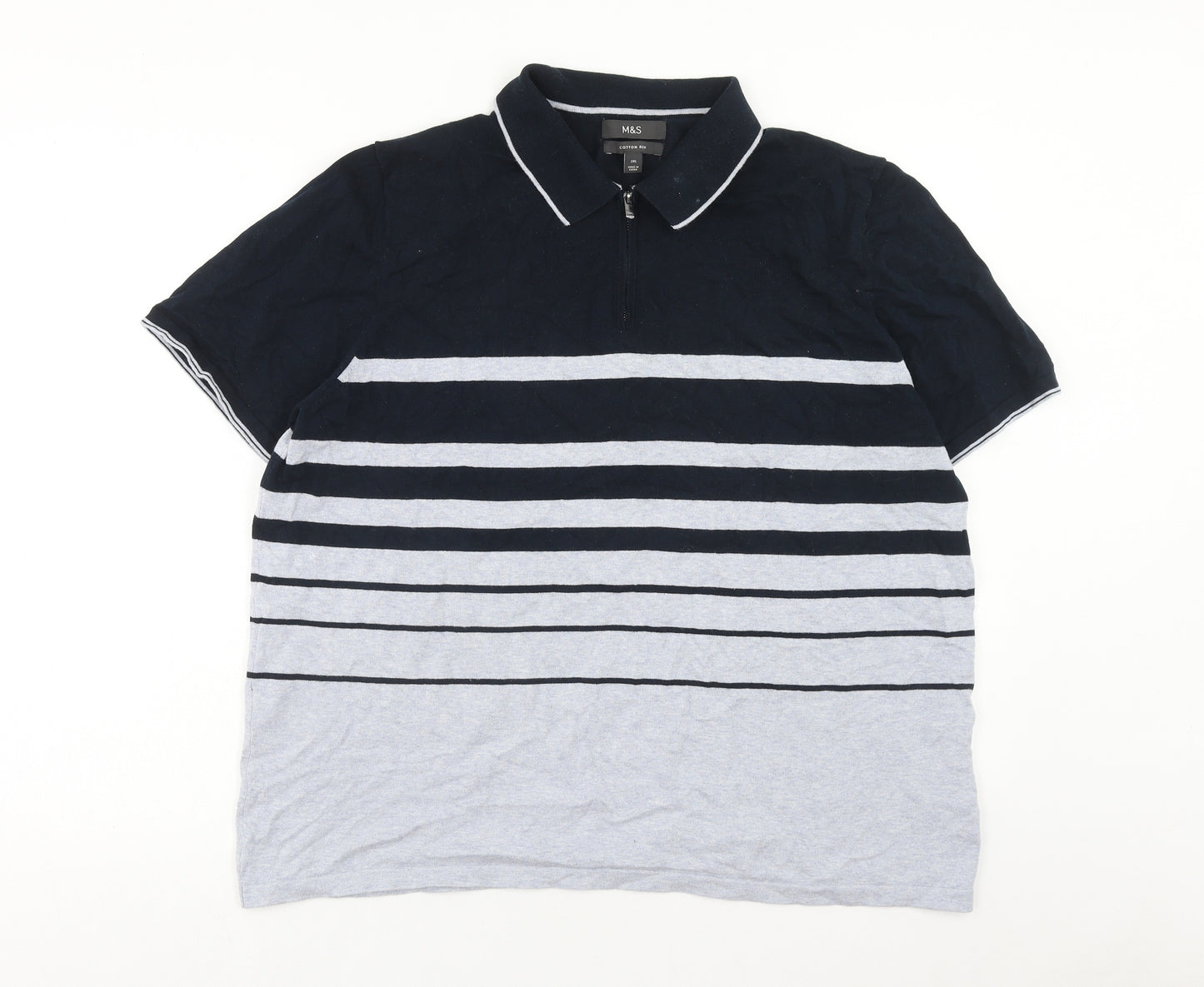 Marks and Spencer Mens Blue Striped Cotton Polo Size 2XL Collared Zip