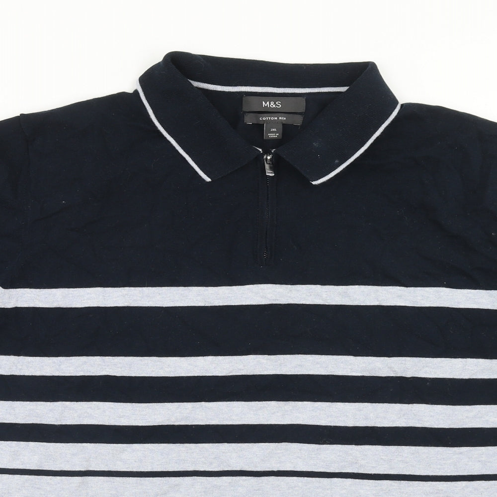 Marks and Spencer Mens Blue Striped Cotton Polo Size 2XL Collared Zip