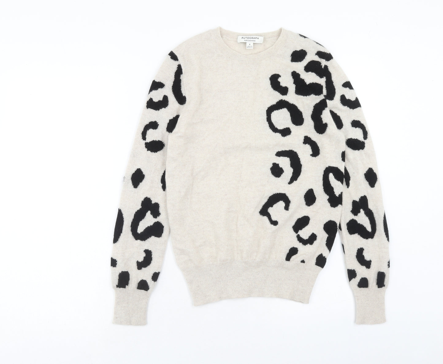 Autograph Womens Beige Round Neck Animal Print Cashmere Pullover Jumper Size 8