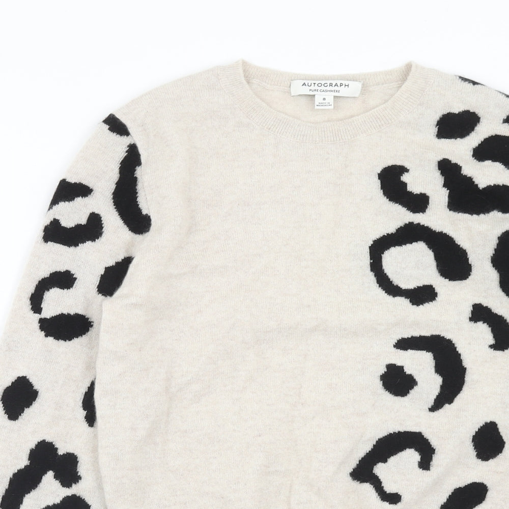 Autograph Womens Beige Round Neck Animal Print Cashmere Pullover Jumper Size 8