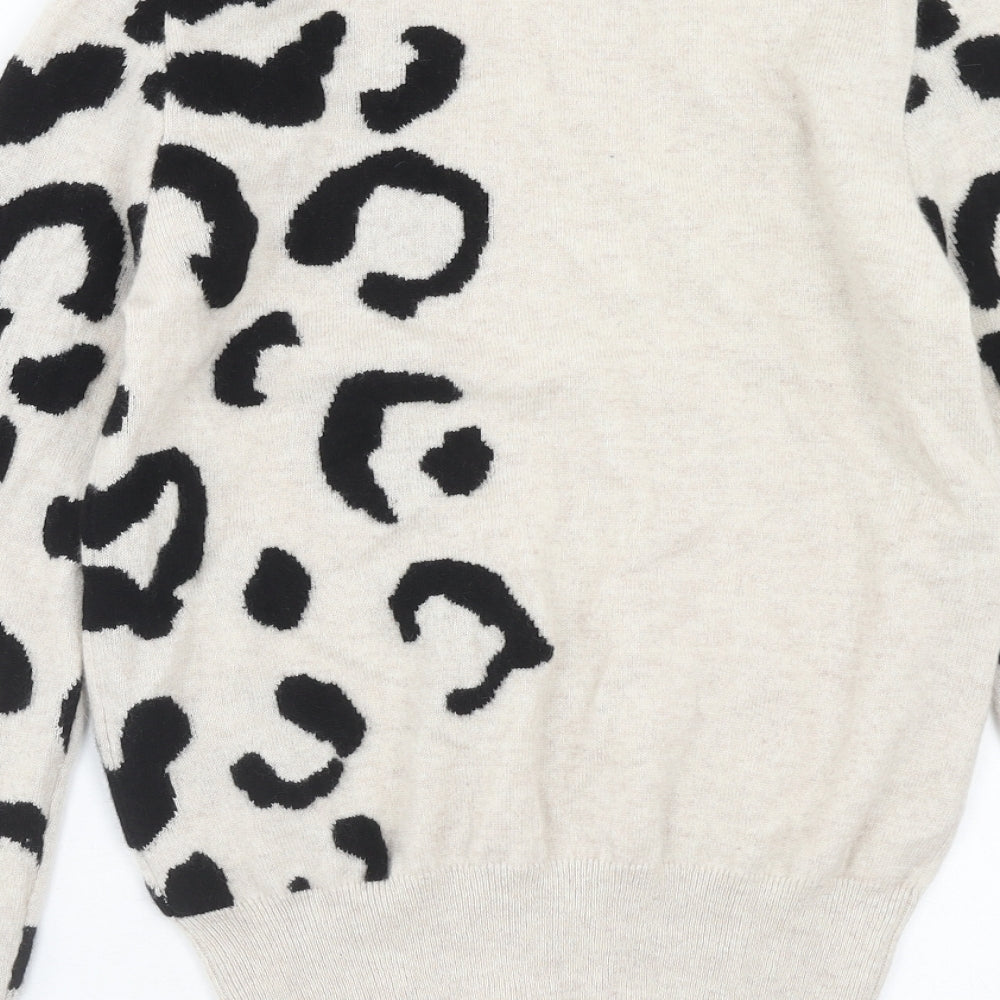 Autograph Womens Beige Round Neck Animal Print Cashmere Pullover Jumper Size 8
