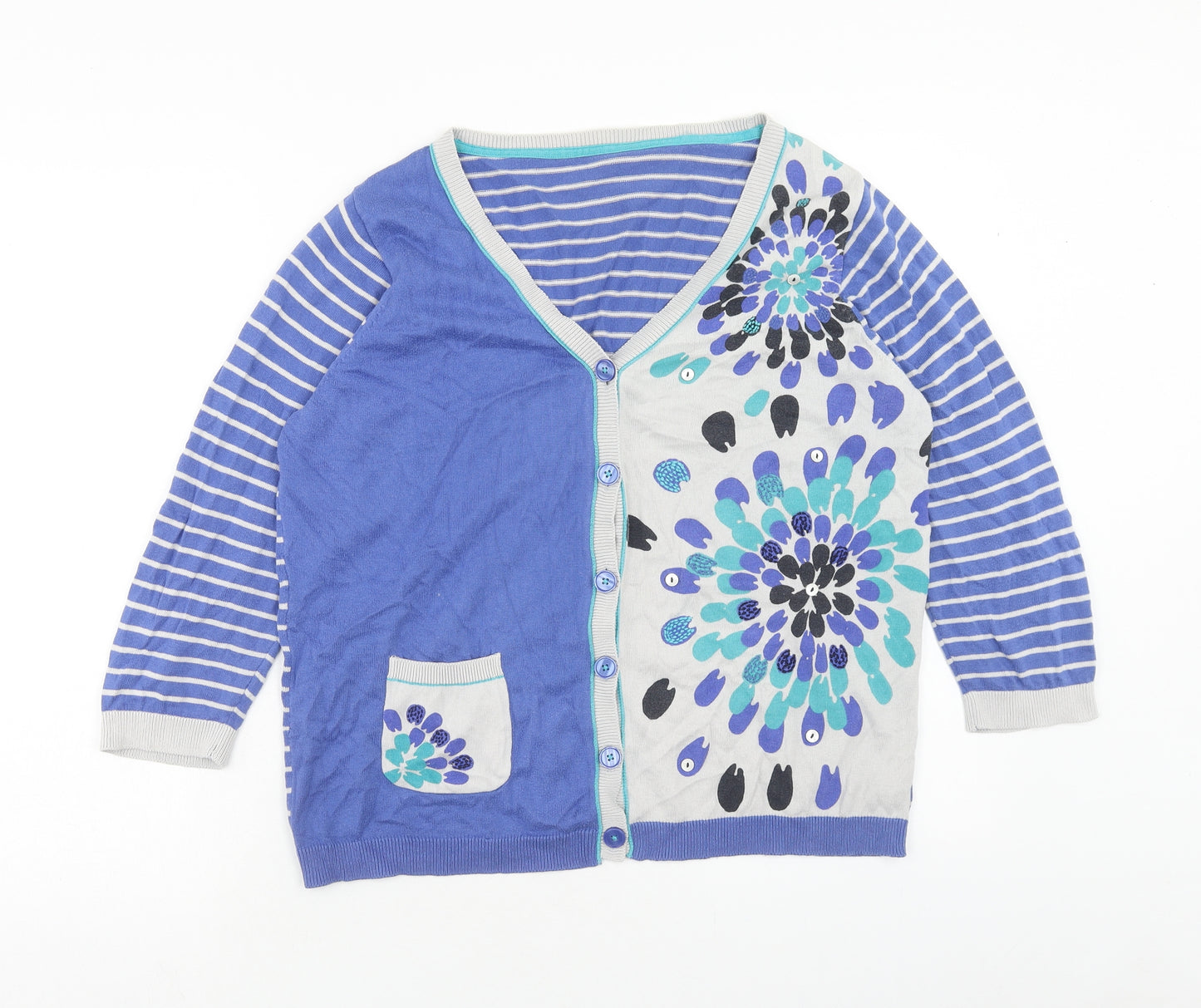Per Una Womens Blue V-Neck Striped Cotton Cardigan Jumper Size 18 - Floral Detail