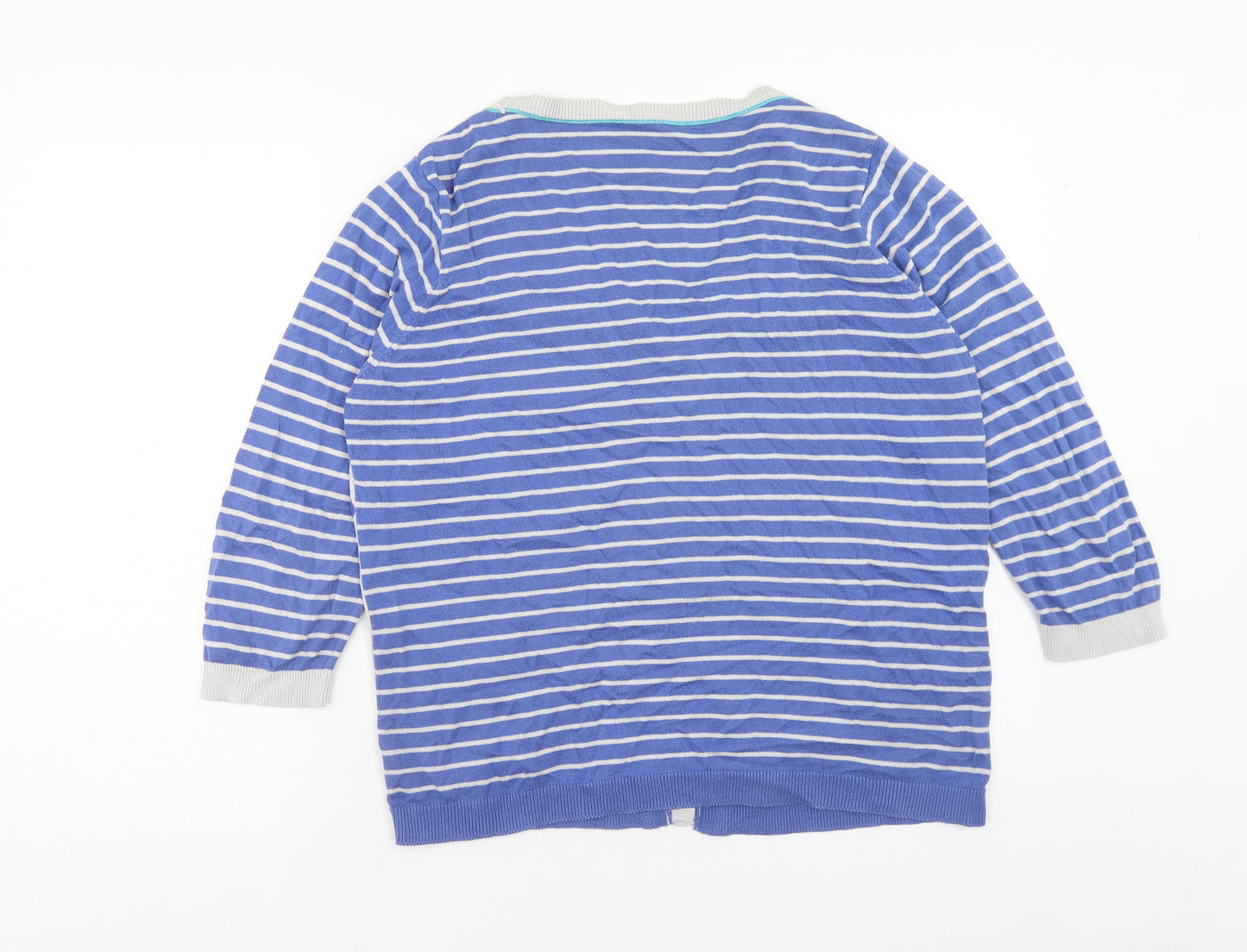 Per Una Womens Blue V-Neck Striped Cotton Cardigan Jumper Size 18 - Floral Detail