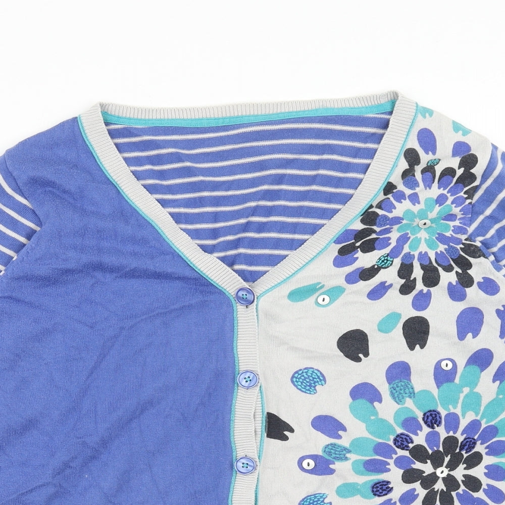 Per Una Womens Blue V-Neck Striped Cotton Cardigan Jumper Size 18 - Floral Detail