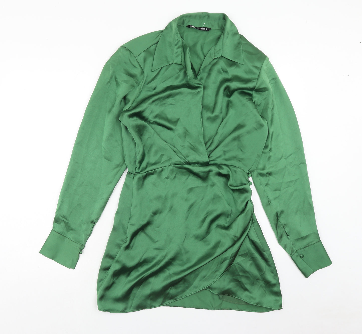 Zara Womens Green Polyester Shirt Dress Size S Collared Zip - Shoulder Pads