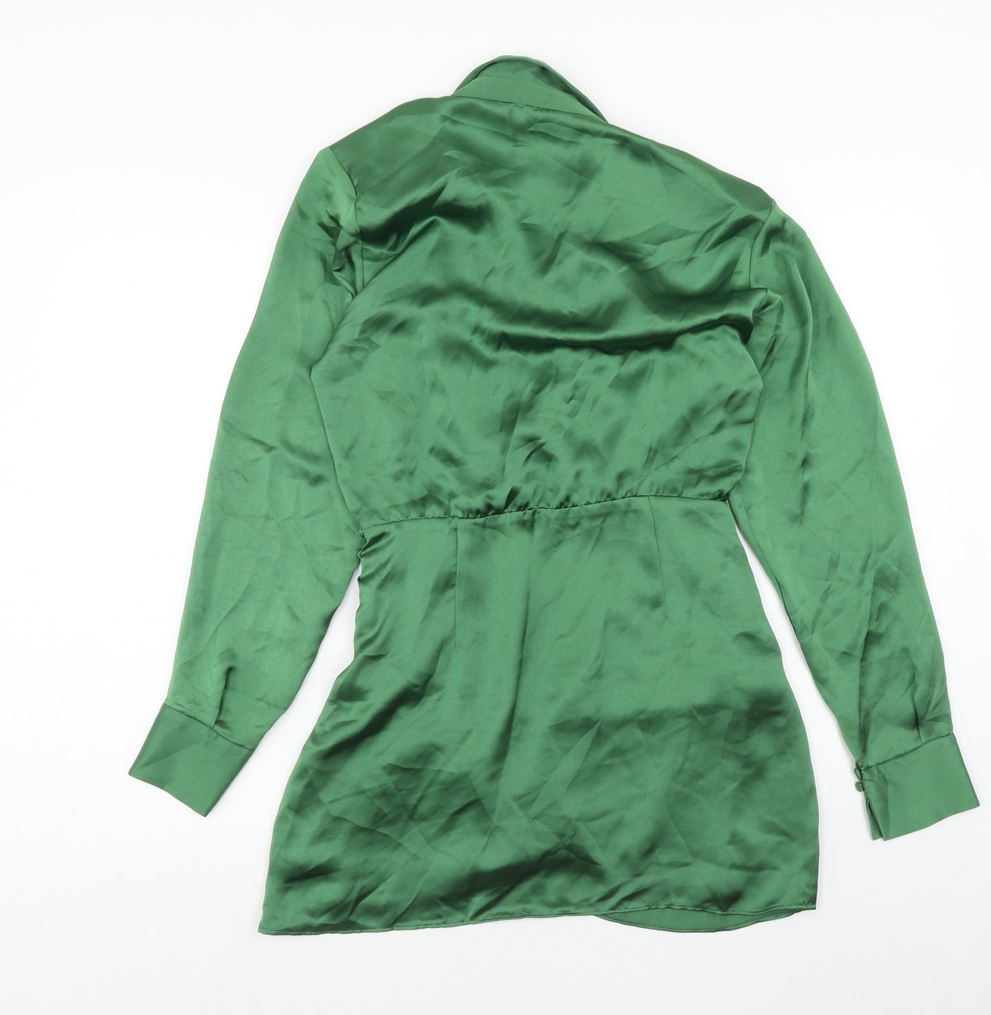Zara Womens Green Polyester Shirt Dress Size S Collared Zip - Shoulder Pads