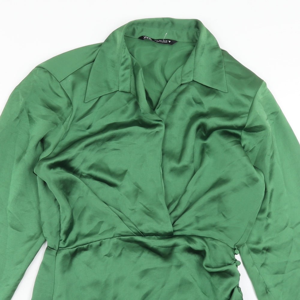 Zara Womens Green Polyester Shirt Dress Size S Collared Zip - Shoulder Pads