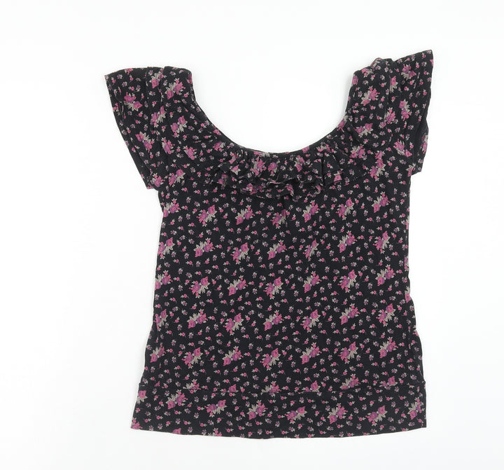 Atmosphere Womens Black Floral Cotton Basic T-Shirt Size 10 Round Neck