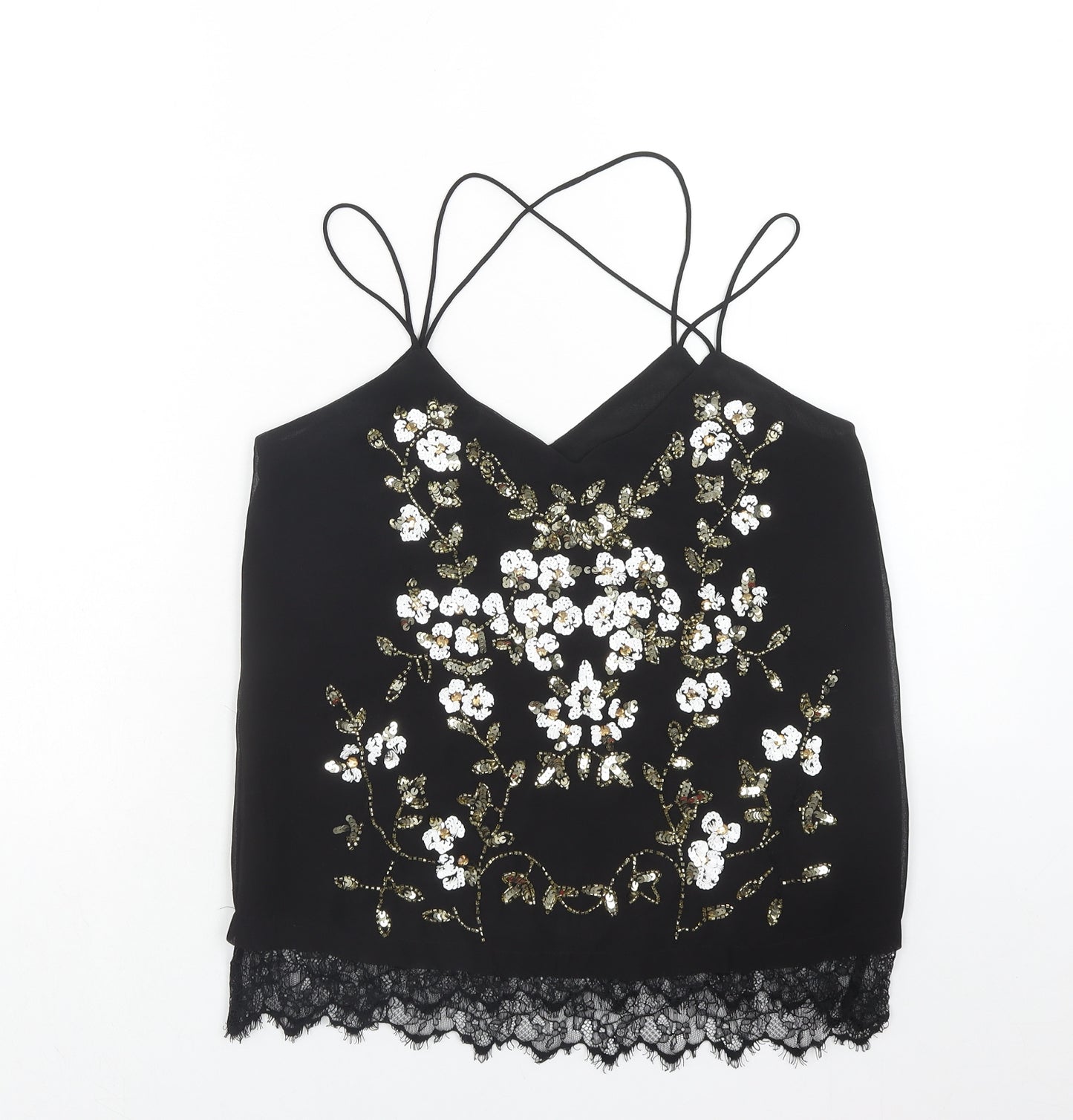 River Island Womens Black Polyester Basic Tank Size 8 V-Neck - Flower Detail Lace Trim