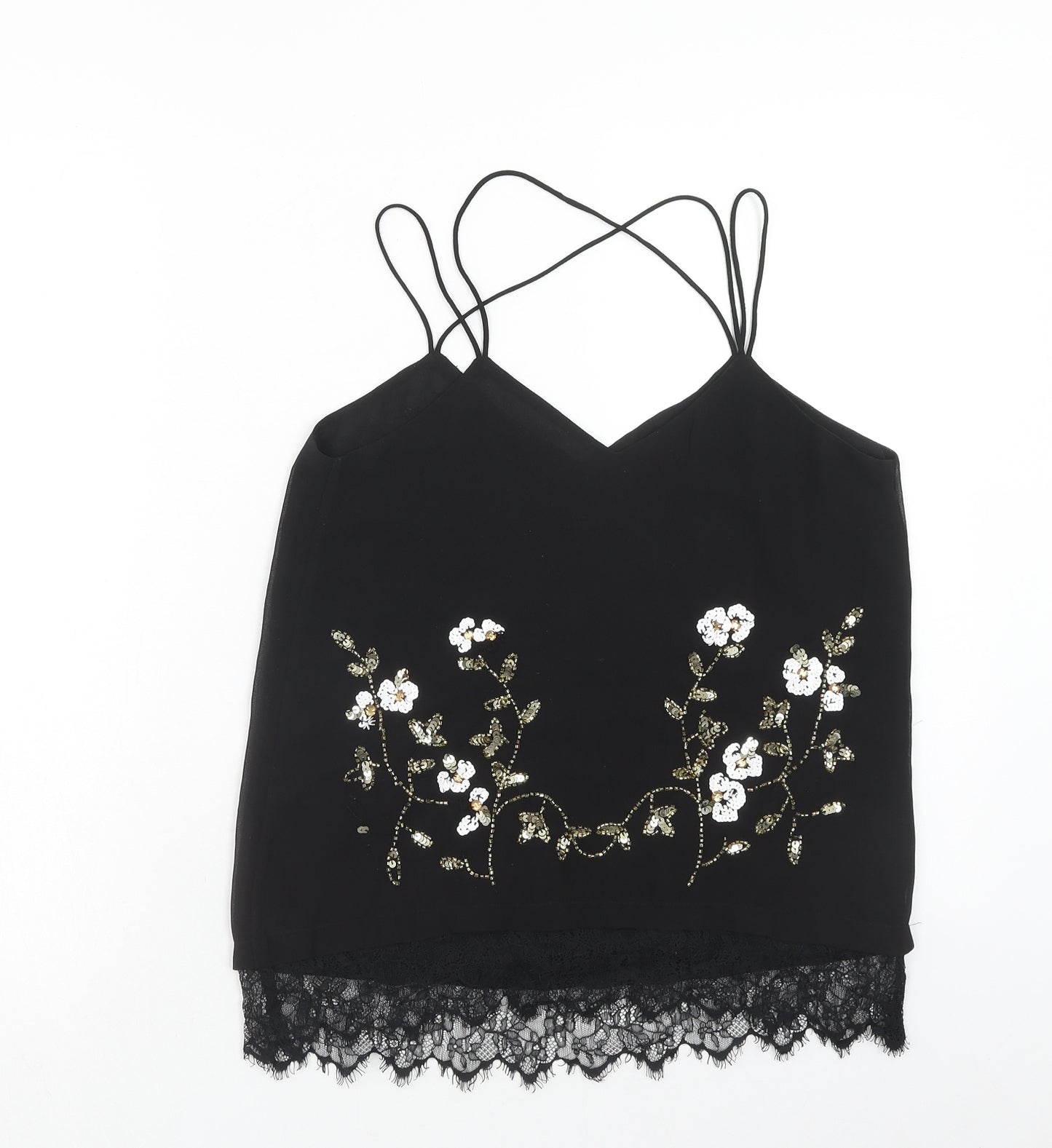 River Island Womens Black Polyester Basic Tank Size 8 V-Neck - Flower Detail Lace Trim