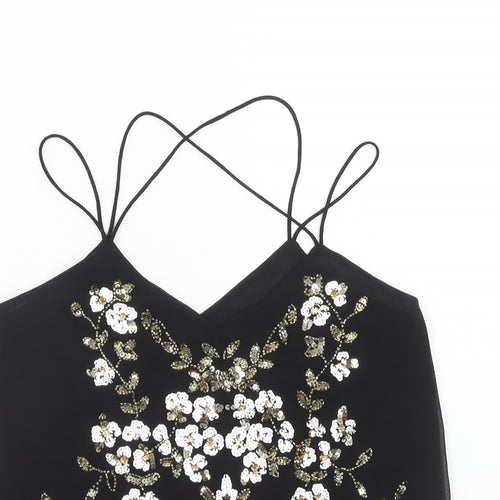 River Island Womens Black Polyester Basic Tank Size 8 V-Neck - Flower Detail Lace Trim