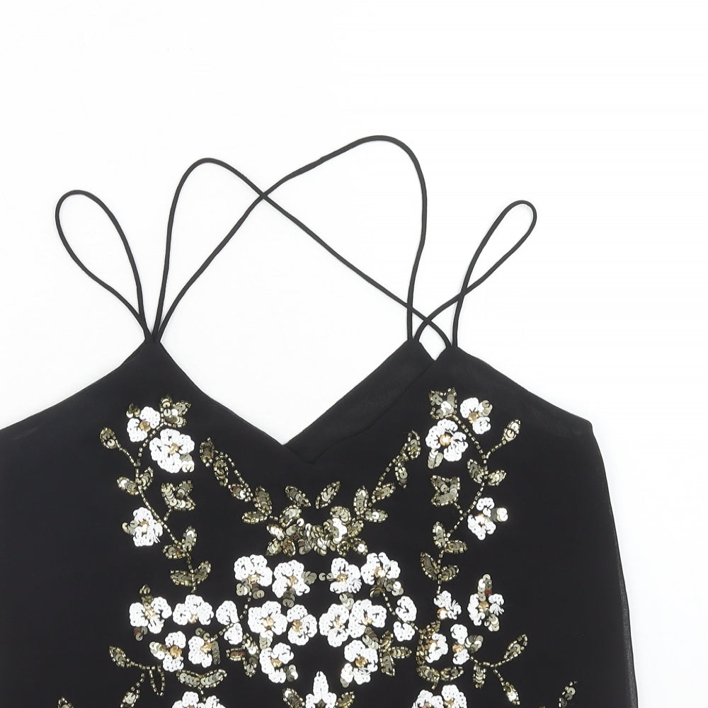 River Island Womens Black Polyester Basic Tank Size 8 V-Neck - Flower Detail Lace Trim