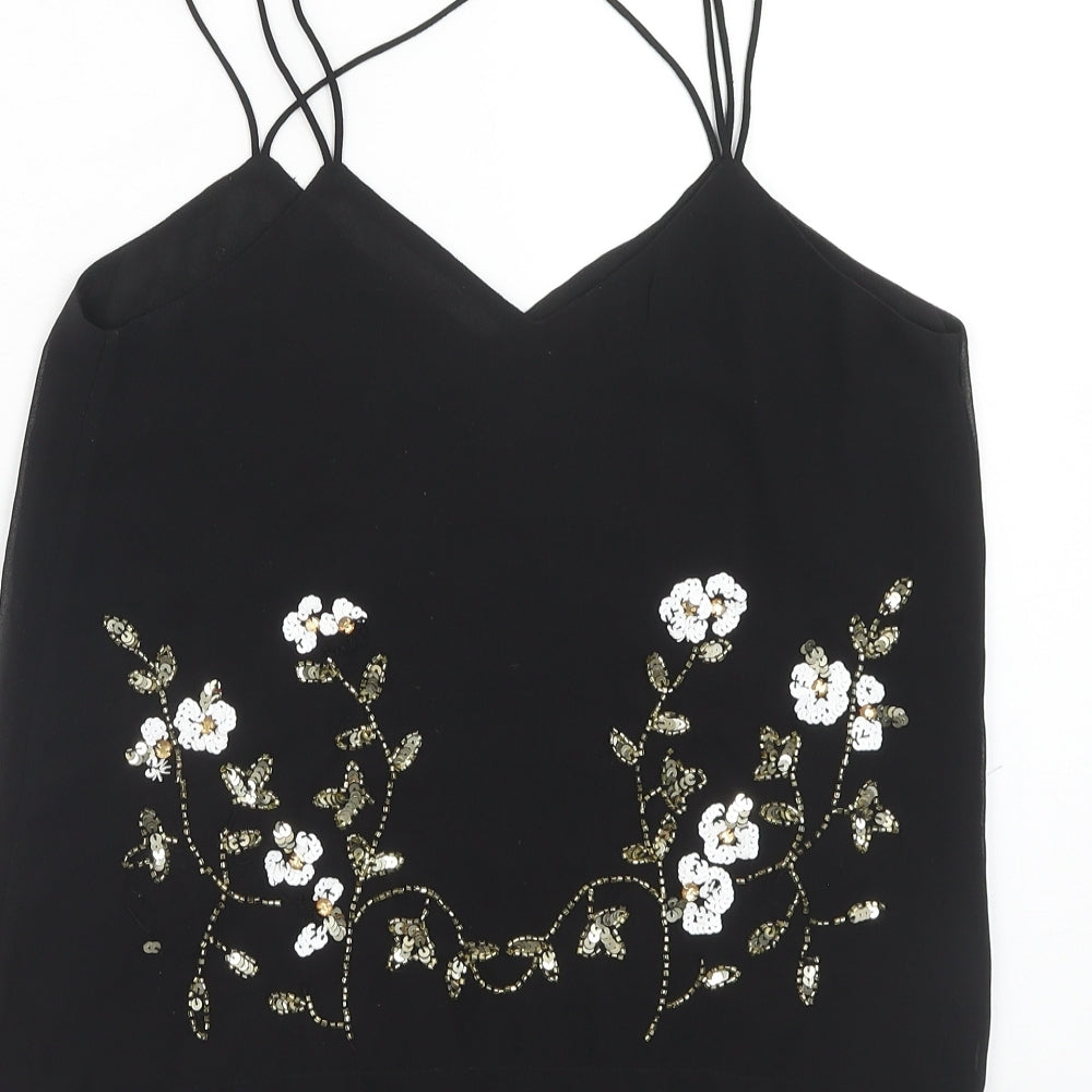 River Island Womens Black Polyester Basic Tank Size 8 V-Neck - Flower Detail Lace Trim