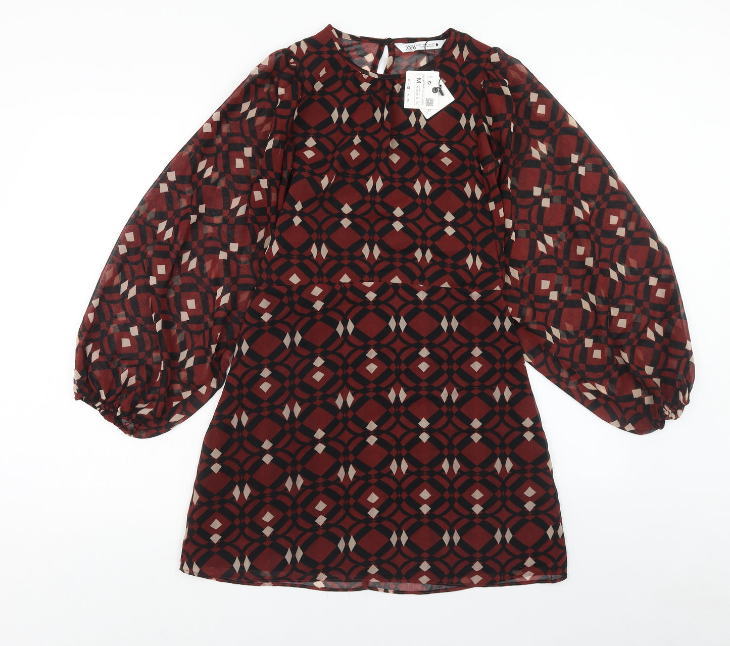 Zara Womens Red Geometric Polyester A-Line Size M Round Neck Button