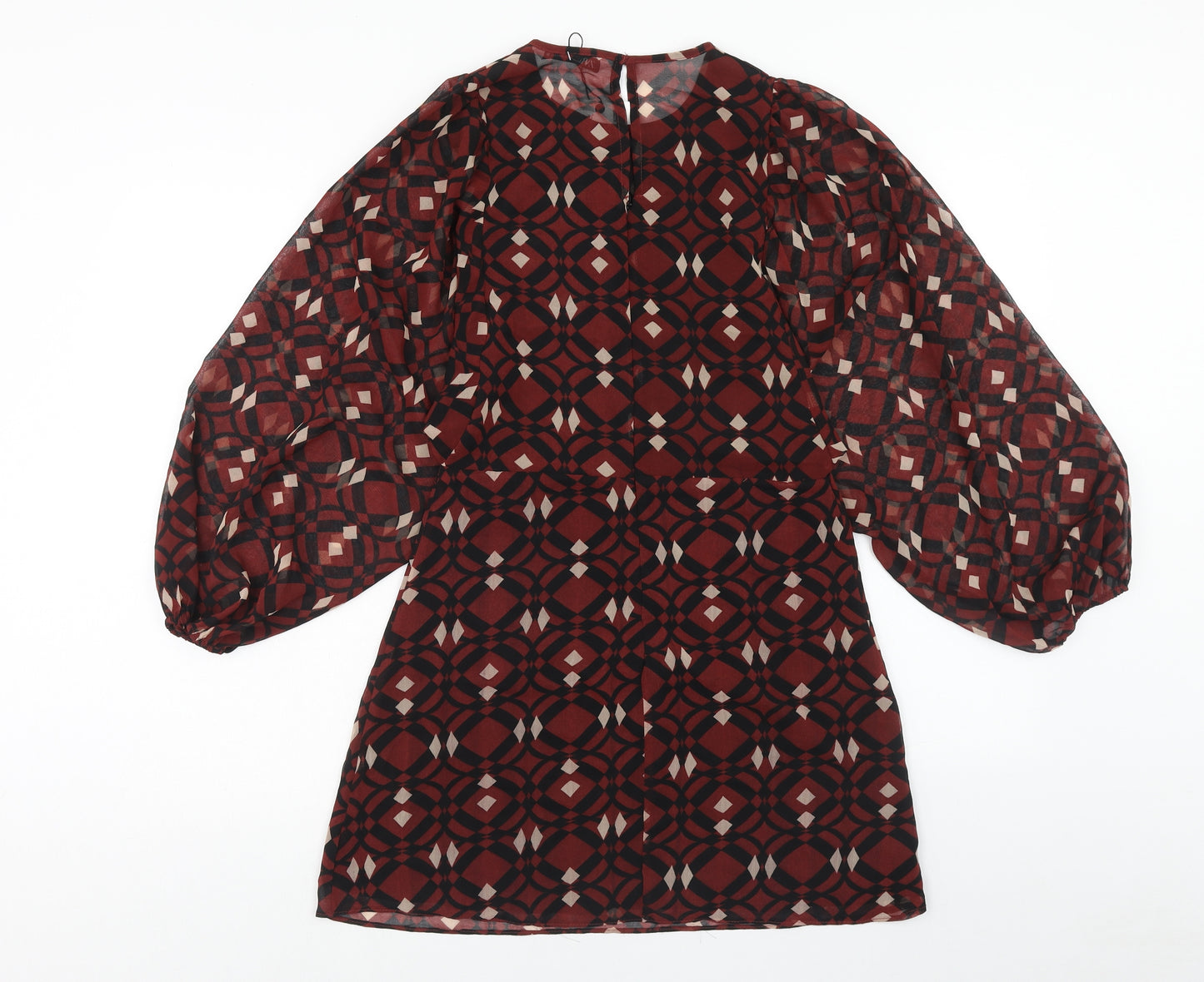 Zara Womens Red Geometric Polyester A-Line Size M Round Neck Button