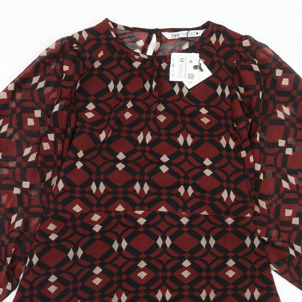Zara Womens Red Geometric Polyester A-Line Size M Round Neck Button