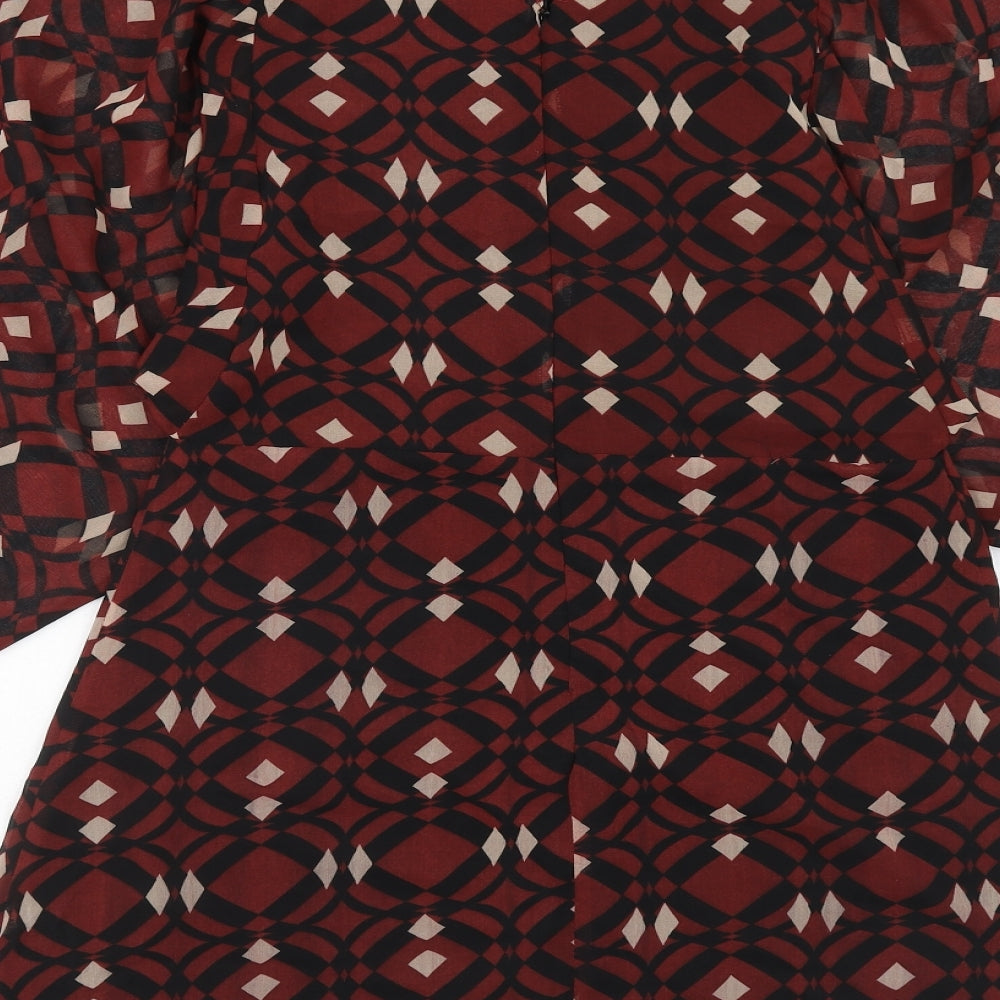 Zara Womens Red Geometric Polyester A-Line Size M Round Neck Button