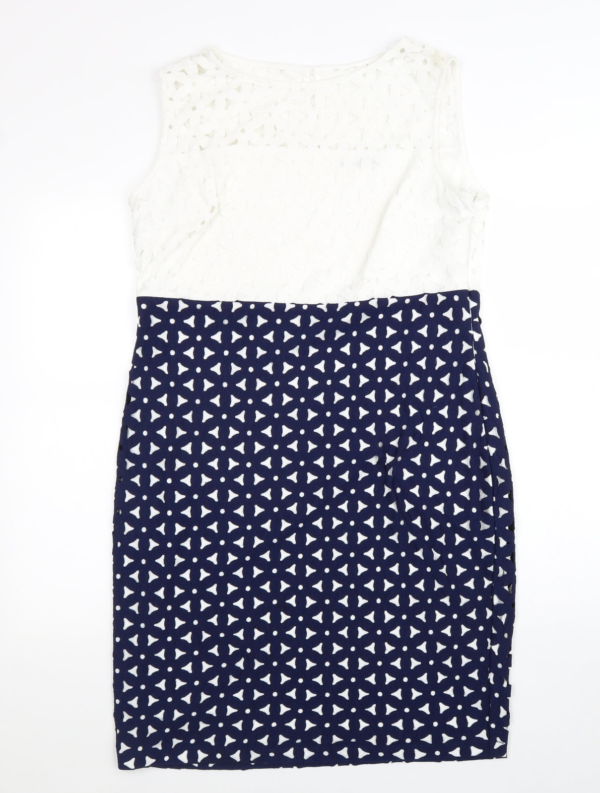 Marks and Spencer Womens Blue Geometric Polyester A-Line Size 16 Boat Neck Zip