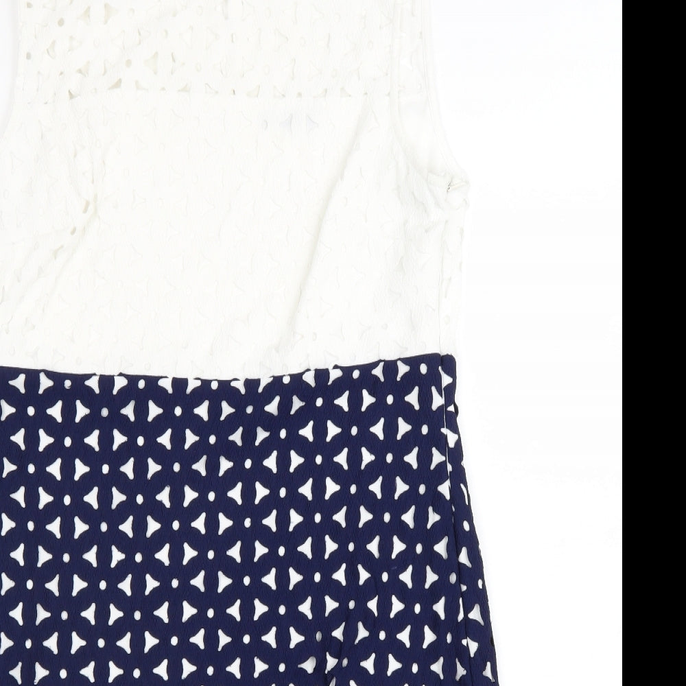 Marks and Spencer Womens Blue Geometric Polyester A-Line Size 16 Boat Neck Zip