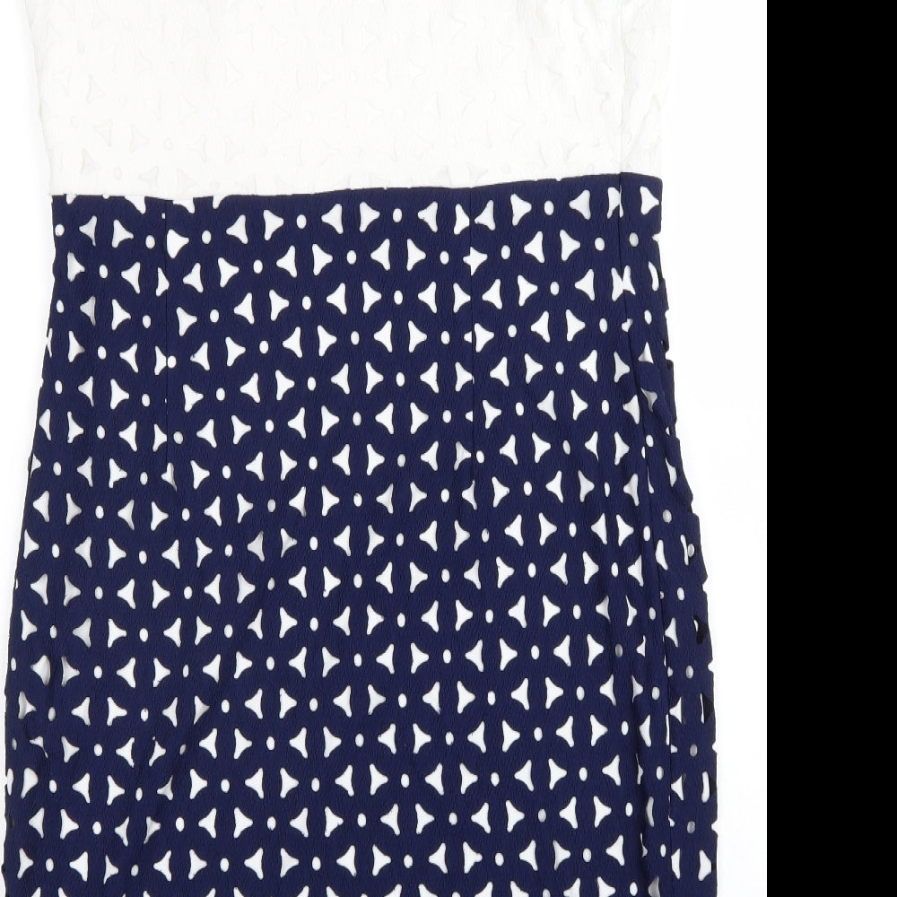 Marks and Spencer Womens Blue Geometric Polyester A-Line Size 16 Boat Neck Zip