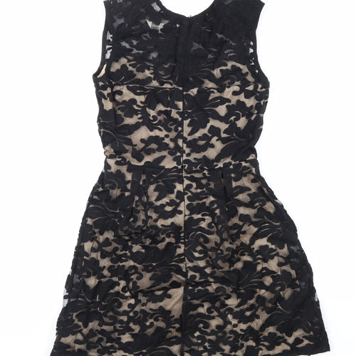 Yumi Womens Black Geometric Polyester Fit & Flare Size 10 Round Neck Zip