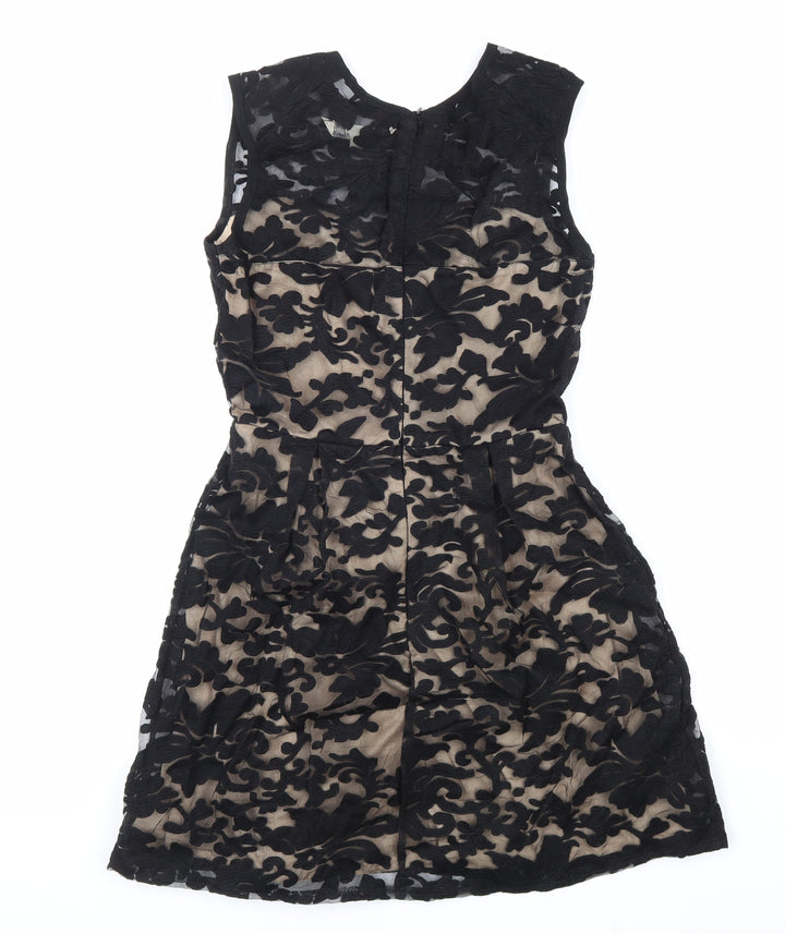 Yumi Womens Black Geometric Polyester Fit & Flare Size 10 Round Neck Zip