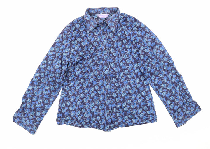 Double TWO Womens Blue Floral 100% Cotton Basic Button-Up Size 10 Collared
